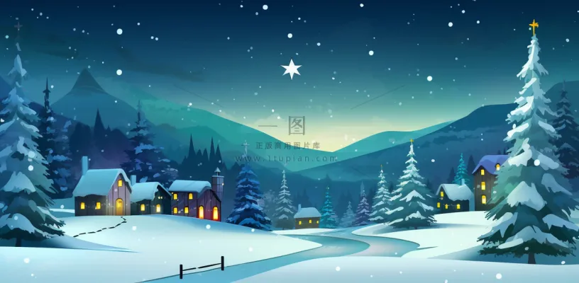 冬季雪天圣诞小镇装饰夜晚节日氛围卡通插画背景