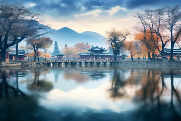 古风古城小镇夕阳美景湖面倒影村庄摄影图