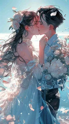 海边阳光沙滩情侣婚纱照爱情甜蜜情人节手绘插画