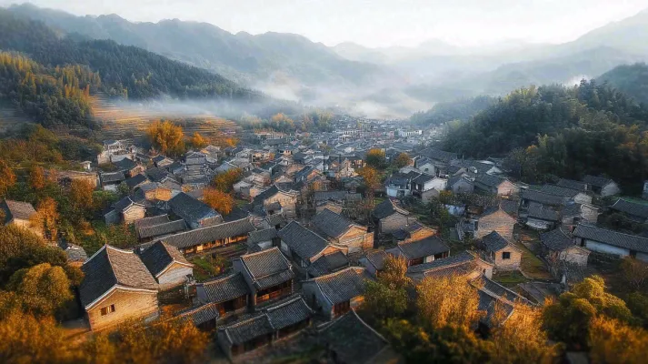 江南风景屋檐瓦舍雾村庄山林摄影图