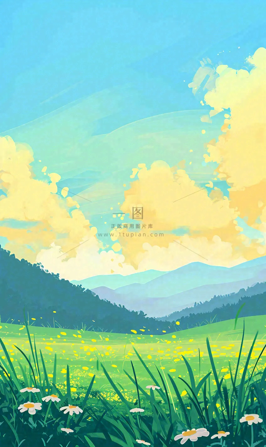 蓝天白云草地山脉插画手绘