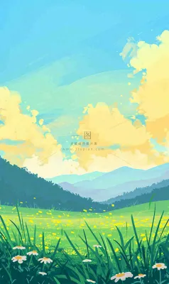 蓝天白云草地山脉插画手绘 蓝天白云草地山脉插画手绘
