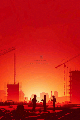 红色工地指挥工人职业人物剪影劳动节插画背景 红色工地指挥工人职业人物剪影劳动节插画背景