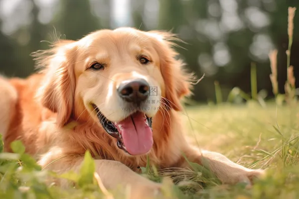金毛宠物狗趴着公园草坪休息摄影图