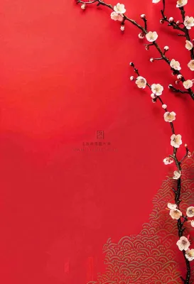 红色国风背景梅花花朵插画元旦背景