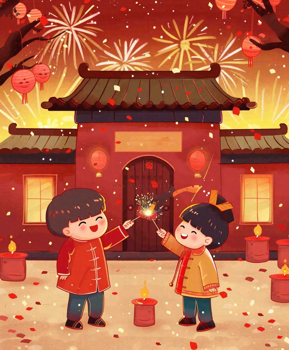 新年热闹儿童在家门口放烟花春节喜庆庆祝春节小年除夕夜元宵节卡通插画背景