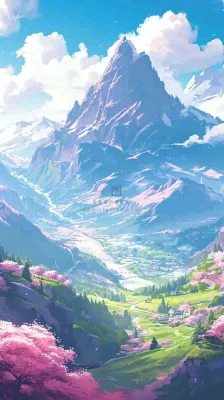 阳光春天细长流水山脉村庄小屋草坪，春分，旅行露营