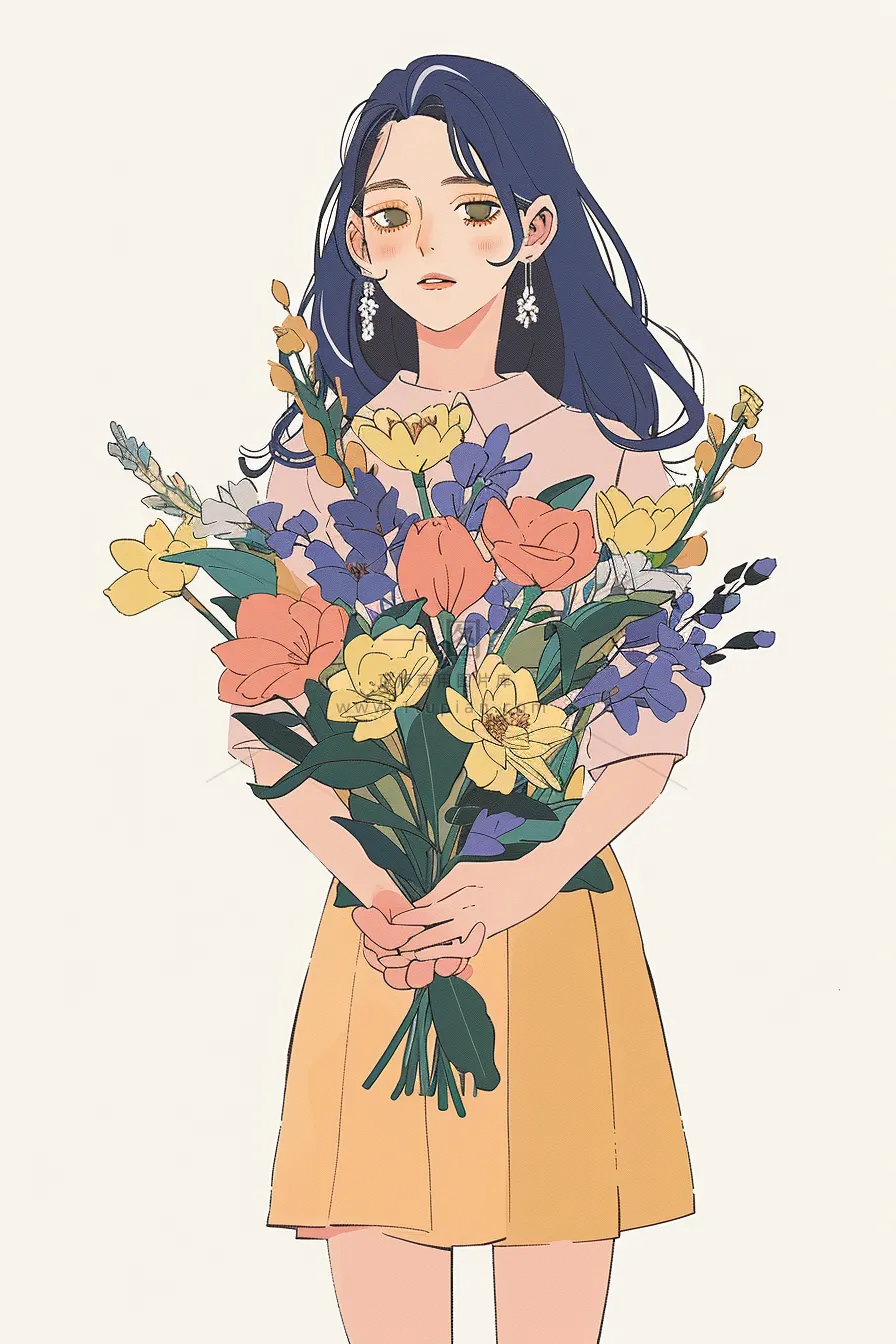 抱着花束的少女卡通插画背景