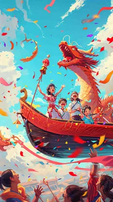 海面上龙船开船手绘插画，孩子人物，蓝天白云古风