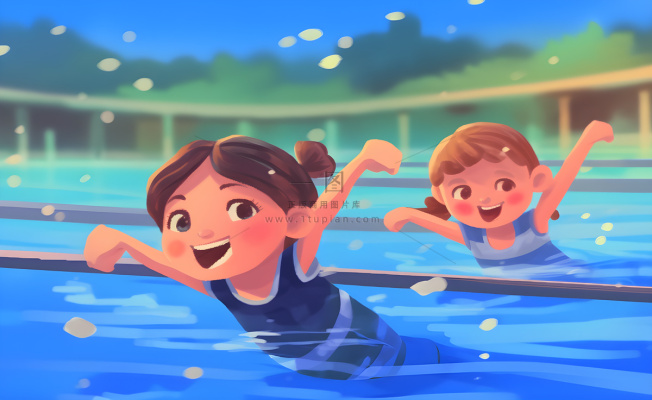 游泳池游泳儿童学生们玩乐蓝色卡通插画背景 游泳池游泳儿童学生们玩乐蓝色卡通插画背景