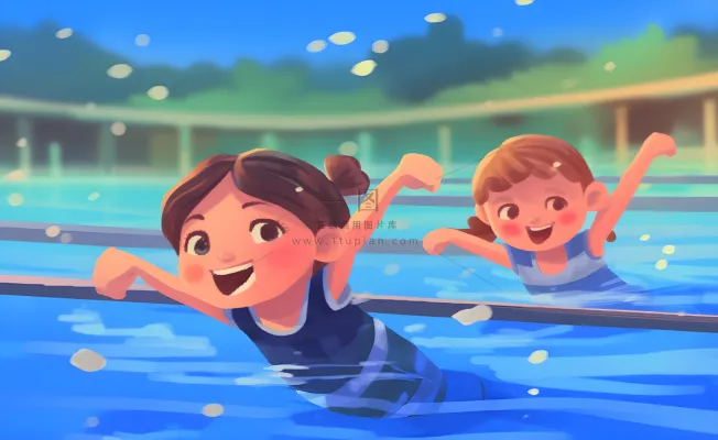 游泳池游泳儿童学生们玩乐蓝色卡通插画背景 游泳池游泳儿童学生们玩乐蓝色卡通插画背景