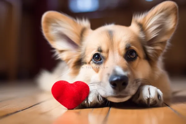 宠物狗柯基趴着木地板上面前还有红色爱心摄影图