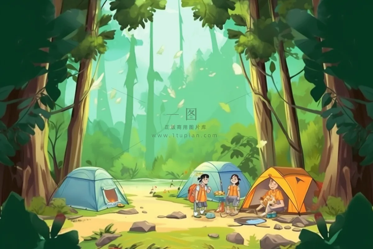 亲子露营野营游玩绿色插画背景