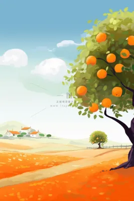 秋季成熟的橘子树遍地金黄远处的小村庄卡通插画素材
