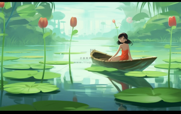 湖泊划船睡莲风光插画背景