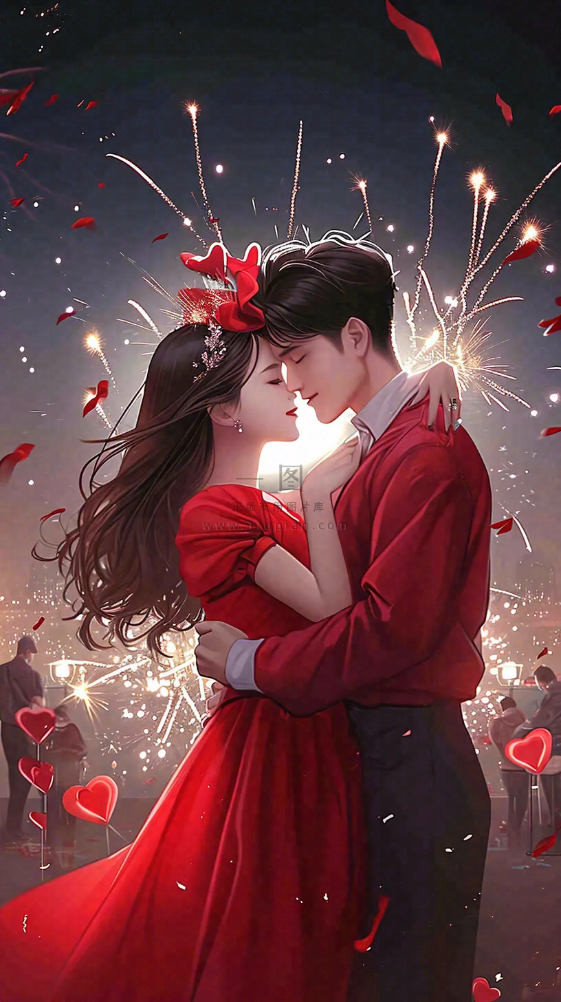 烟花中情侣在情人节的夜晚里拥抱亲吻,红色爱心气球爱情甜蜜