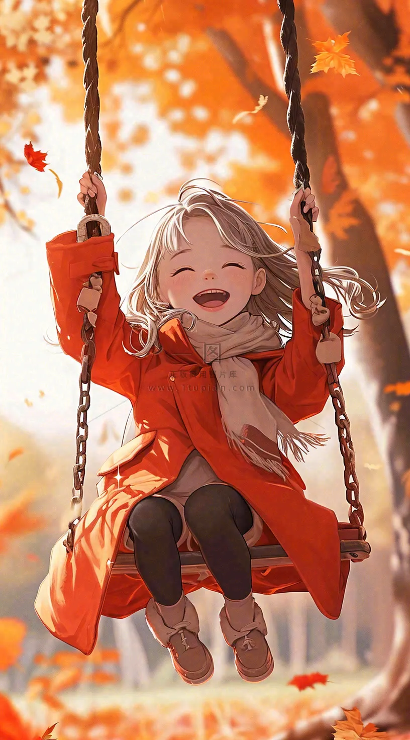 秋天浪漫秋叶儿童少女荡秋千插画,秋分