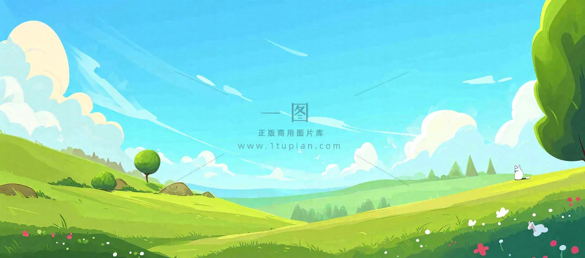 蓝天白云绿植草坪,小草树木清新,春天夏天阳光