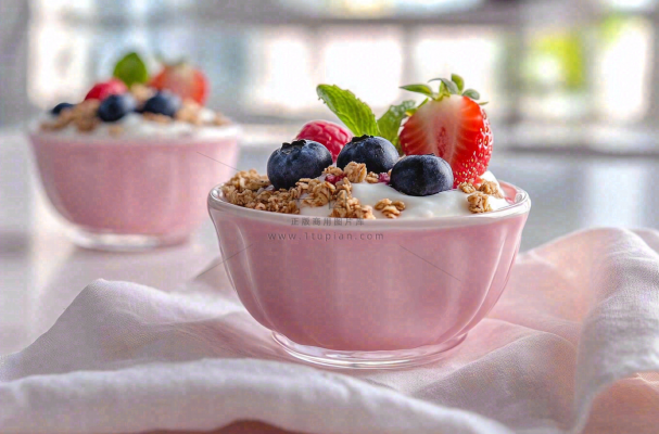 水果燕麦酸奶草莓蓝莓食物饮品摄影图