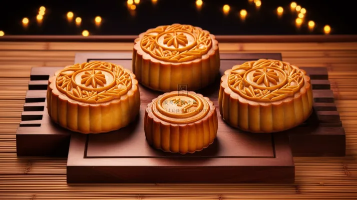 中秋木质托盘餐具上摆放着的月饼摄影图