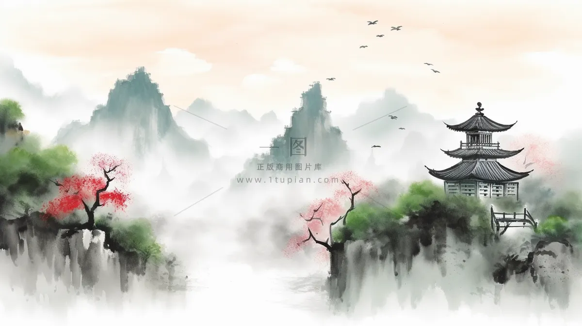 国风山水画河流花草国画水墨画素材背景