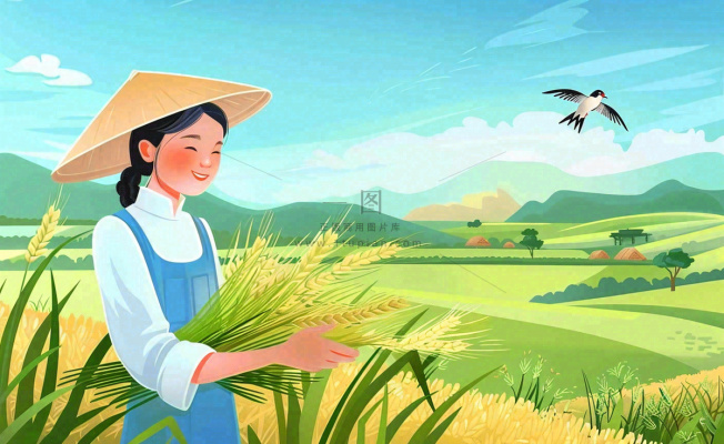 世界粮食日芒种秋收稻田麦子农民天空小满创意手绘卡通插画背景