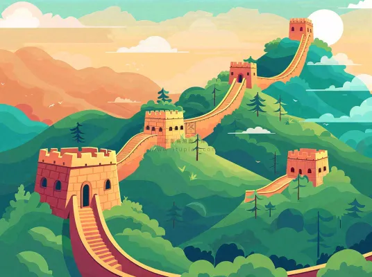 万里长城中国山河国潮插画北京旅游景点八一建军节红色文化卡通插画背景