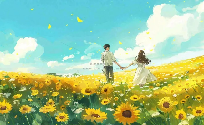 向日葵花海里的情侣恋人浪漫蓝天白云立夏夏至情人卡通插画背景 向日葵花海里的情侣恋人浪漫蓝天白云立夏夏至情人卡通插画背景