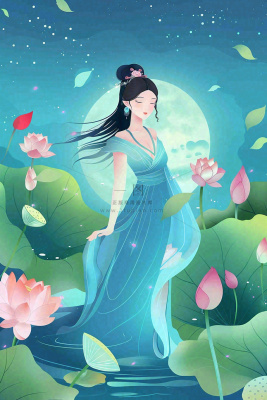 夏天古风国风古装少女荷花莲花池塘夜晚赏月夏至处暑中秋插画背景