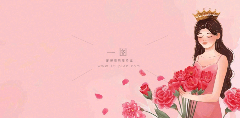 粉色女生节女王女神节妇女节鲜花花束唯美插画背景