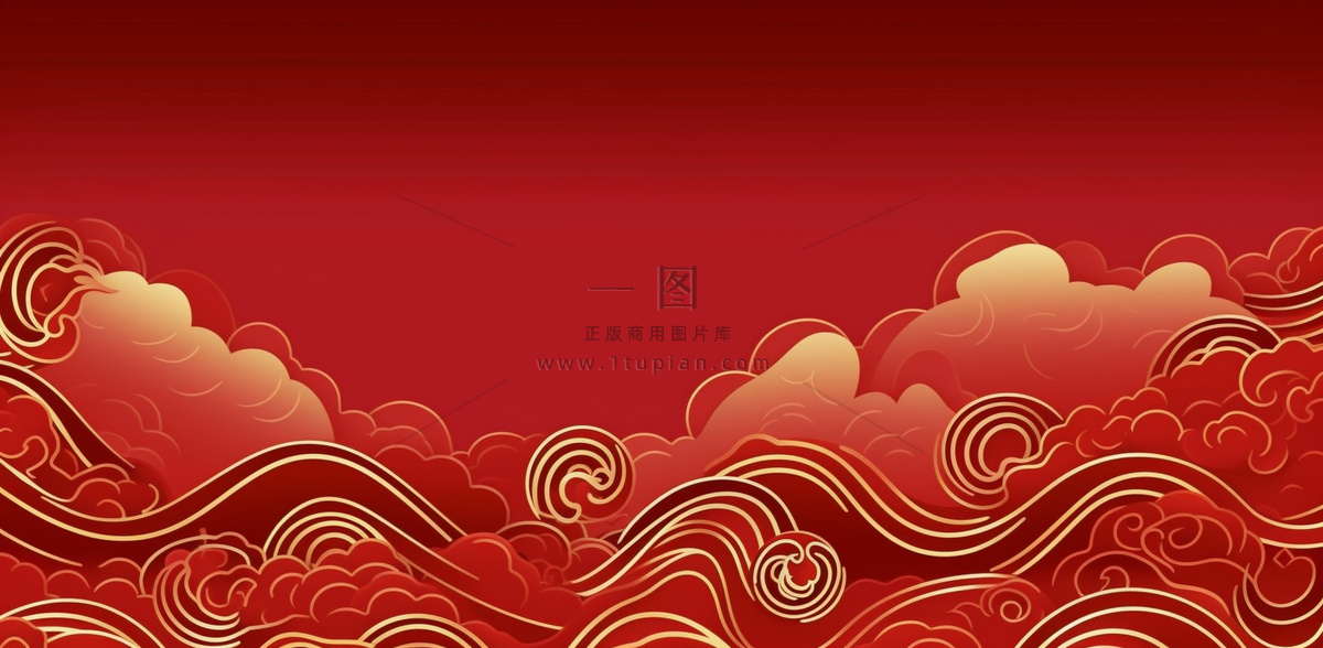 大红色复古简约古风海浪纹边角框金复古底纹背景