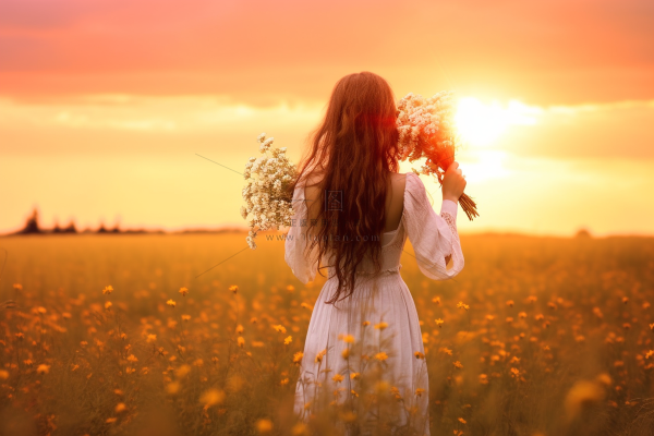 夕阳少女拿着花束走在花丛中晚霞落日美景摄影图