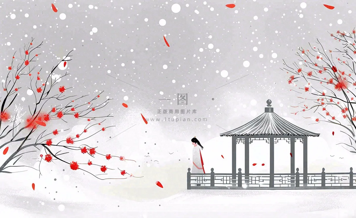 古风冬天雪景红衣女孩梅花雪地里的凉亭大雪小雪冬至中国风插画背景