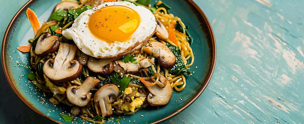 美食方便面鸡蛋意面西餐简餐摄影图