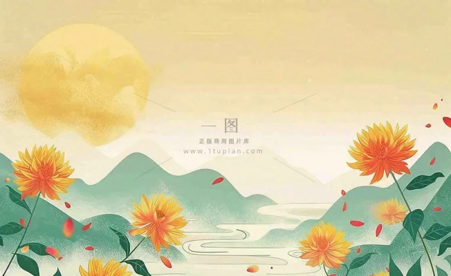 金秋菊花山水国潮插画中秋重阳立秋秋分插画背景