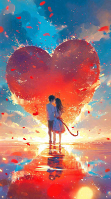 情人节浪漫情人爱心落日蓝天唯美,情侣亲吻爱情,卡通手绘插画 情人节浪漫情人爱心落日蓝天唯美,情侣亲吻爱情,卡通手绘插画