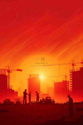 红色工地指挥工人职业人物剪影劳动节插画背景 红色工地指挥工人职业人物剪影劳动节插画背景