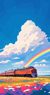 蓝天白云户外铁路草地彩虹手绘,色彩缤纷 蓝天白云户外铁路草地彩虹手绘,色彩缤纷