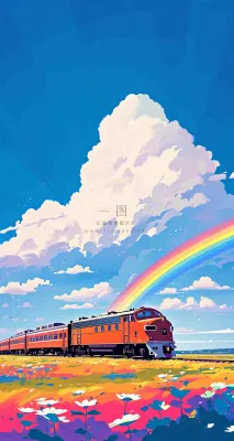 蓝天白云户外铁路草地彩虹手绘,色彩缤纷 蓝天白云户外铁路草地彩虹手绘,色彩缤纷