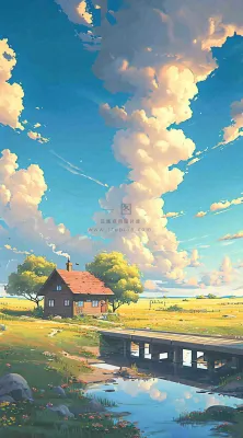 蓝天草坪上小屋房子在河流旁，河面倒影