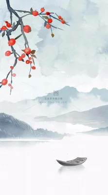 中国风山水秋冬柿子树霜降插画背景 中国风山水秋冬柿子树霜降插画背景