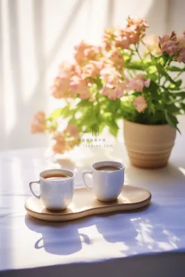 餐桌上的咖啡杯下午茶绿植阳光光影摄影图