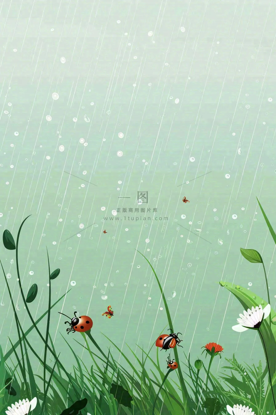 春天草丛花丛昆虫下雨天雨水惊蛰谷雨卡通插画背景