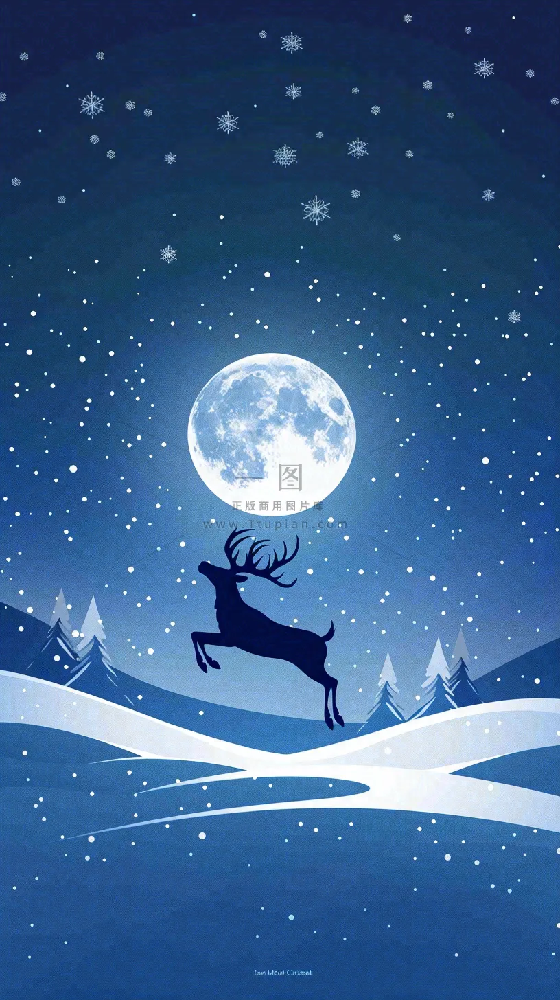 夜晚蓝色星空下的月亮麋鹿跃起平安夜插画背景