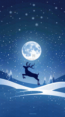 夜晚蓝色星空下的月亮麋鹿跃起平安夜插画背景