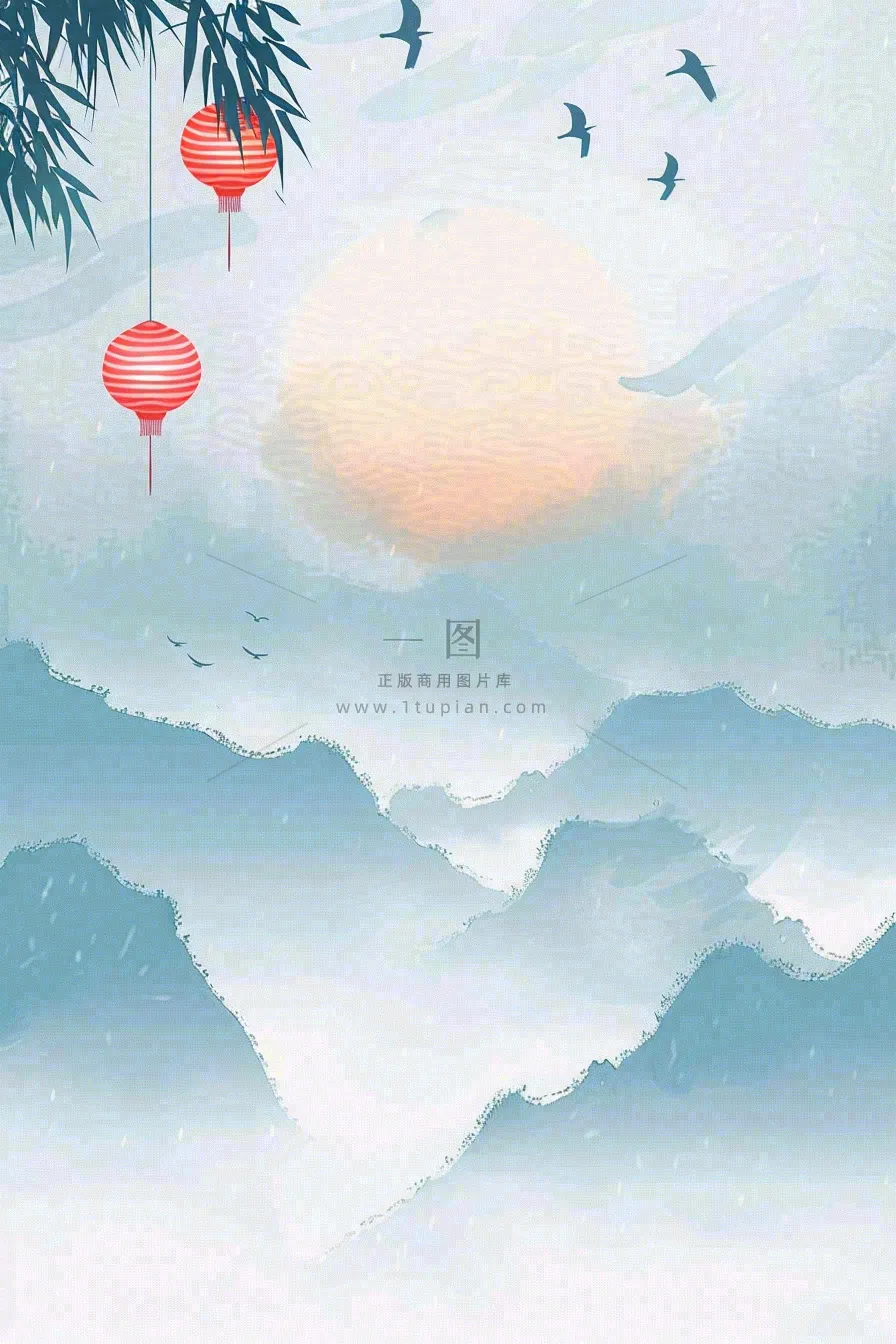 古风山水水墨画柳树柳条日出燕子惊蛰清明端午插画背景
