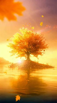 秋天树木的秋叶在河面上飘扬，金黄色温馨，秋分