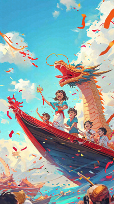 海面上龙船开船手绘插画，孩子人物，蓝天白云古风