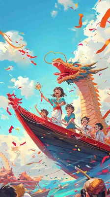 海面上龙船开船手绘插画，孩子人物，蓝天白云古风