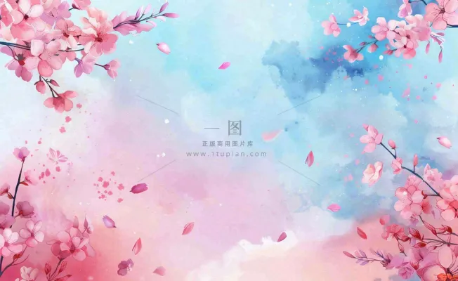 春季出游浪漫水彩樱花蓝粉色樱花林立春春分插画背景